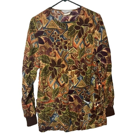 Cherokee Women’s Medium Floral Boho Button Up Jacket Scrub Top Long Sleeve - Picture 1 of 6
